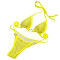 Ловско бански за жени Плътен цвят Секси Кристал Бикини без гръб Бански Бански плажен комплект Жълт