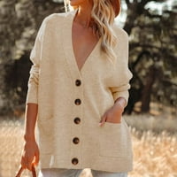 Бейкосин плетен пуловер жените Плътен цвят жилетка бутон джоб райе палто жени