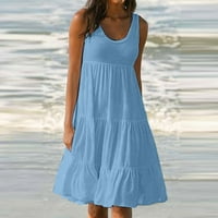 Рокли за жени със средна дължина слънчева рокля без ръкави небрежно кръгло деколте лятна слънчева рокля синя 4xl