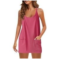 Дамски летен без ръкави мини рокля v Спагети с шия на шията атлетична къса рокля с джобове горещо розово xxxl