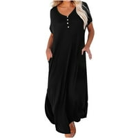 Къс ръкав Макси рокли за жени Плътен цвят бутон в Деколте Суинг Плаж сарафан ежедневни лято провиснал подгъва елегантни тениски рокли с джобове Черно ххл