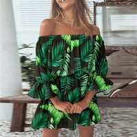 Рокли за жени непринудени лято без рамо в ръкав мини къси отпечатани а-лайн плажна рокля Ruffle Green S