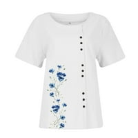 Ризи за тениски за жените, женски върхове с къс ръкав небрежен лятен графичен флорален отпечатан памучен коноп блуза туники дамски летни върхове