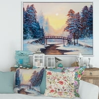 Дизайнарт 'снежно покрит пейзаж и малък мост' традиционна рамка платно стена арт принт