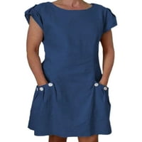 Niuer жени тениска рокля джобни къси мини рокли бутон Sundress Loose Tunic Blue 2xl