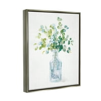 Ступел индустрии цвете буркан Натюрморт зелен син Живопис блясък сив рамка плаващо платно стена изкуство, 16х20