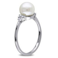 Бяла кръгла култивирана сладководна перла и карат Т. У. диамант 10кт Бяло Злато коктейл пръстен