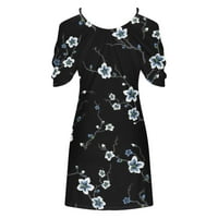 Клирънс Летни рокли за жени къс ръкав слънчева рокля мини Свободно Време флорални Лъжичка врата рокля Черно 3хл