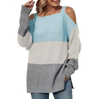 Olyvenn Crew Neck Cold Cold Ramter Кратки пуловери за жени свободни ежедневни жени модни съвпадащи цветови блок пуловер с дълъг ръкав женски свободно време син XL