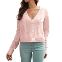 Дамски бутон с дълъг ръкав отпред v Врат мека плетена жилетка пуловери шифон Кардиган розово