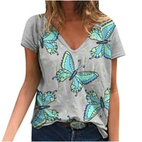 Smihono се занимава летни тениски за жени с къс ръкав пеперуда печат свободен небрежен цветен контраст модни дами блуза върхове секси v шия удобно модерно женско свободно време сиво 4