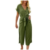 Клирънс Мода Жените случайни Плътен цвят къс ръкав джоб Дантела нагоре хлабав гащеризон анцуг армия зелени и