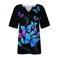 Летни ризи за жени печат v шия с къси ръкави върхове флорален отпечатан бутон Блуза отгоре